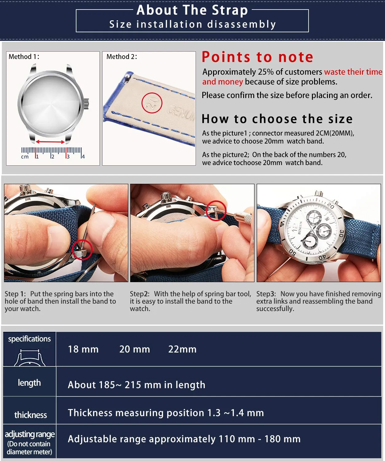 BINLUN Cinturino per Orologio in Nylon Elastico di Ricambio Militare Cinturino a Strappo Paracadute Marina Nazionale per Uomo Donna Fibbia Nero/Argento 18/20/22mm - immagine 7