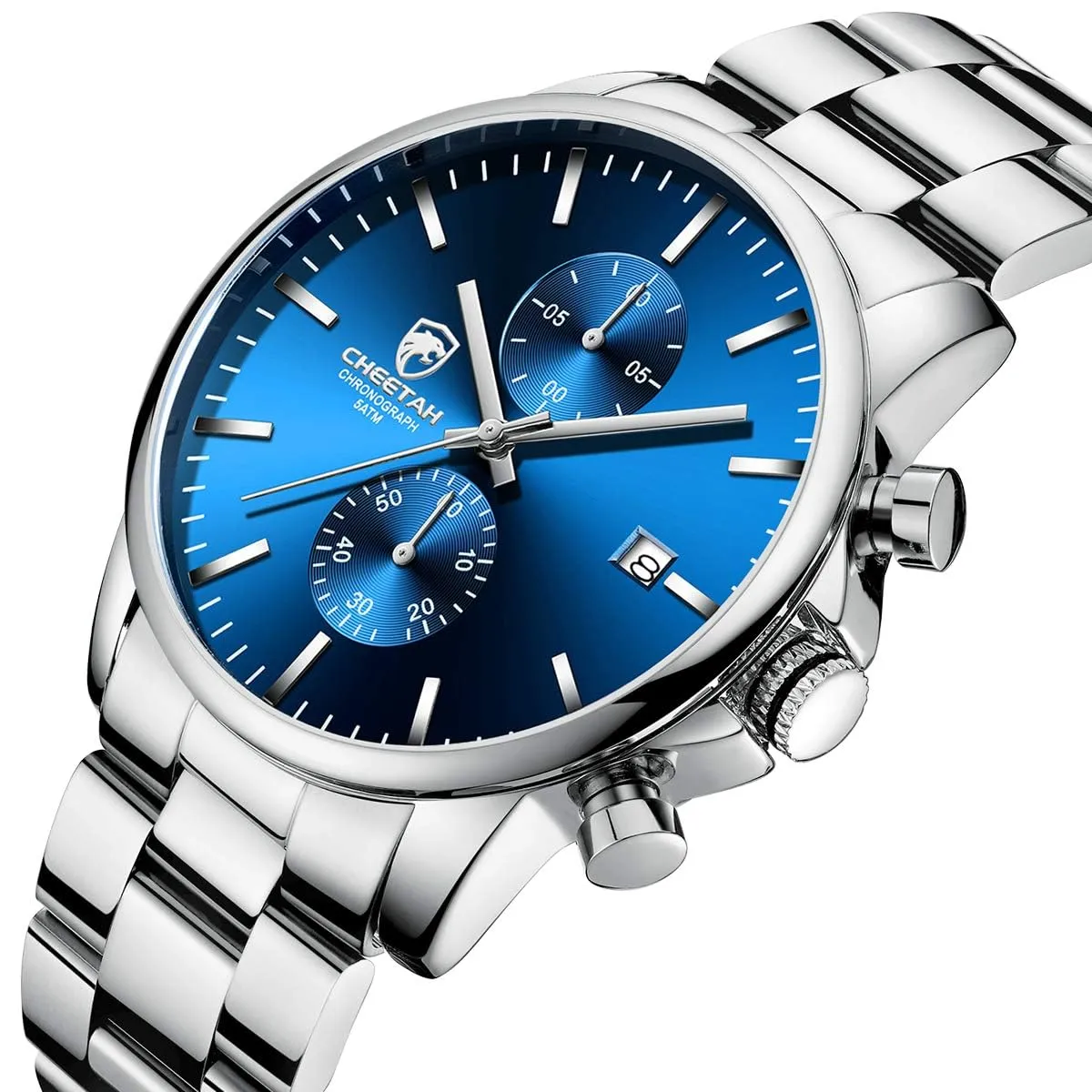 Affute Orologi da uomo in acciaio inox e metallo, stile casual, impermeabile, cronografo al quarzo, data automatica, lancette colorate - Blu argento - immagine 2