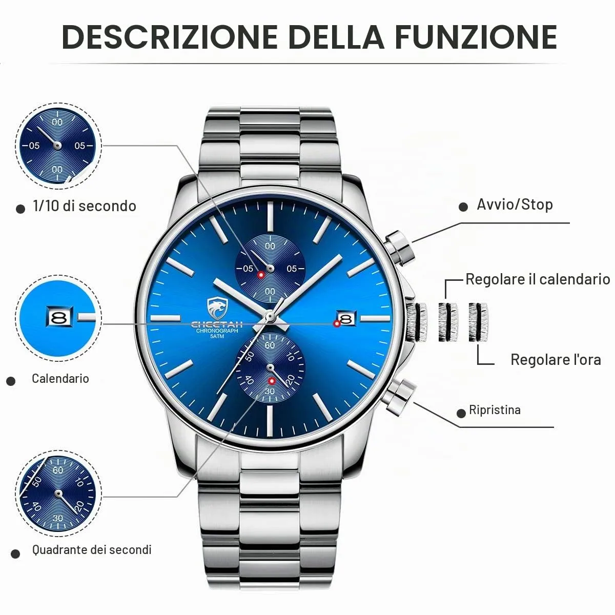 Affute Orologi da uomo in acciaio inox e metallo, stile casual, impermeabile, cronografo al quarzo, data automatica, lancette colorate - Blu argento - immagine 3