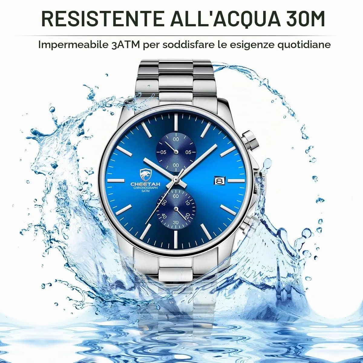 Affute Orologi da uomo in acciaio inox e metallo, stile casual, impermeabile, cronografo al quarzo, data automatica, lancette colorate - Blu argento - immagine 5
