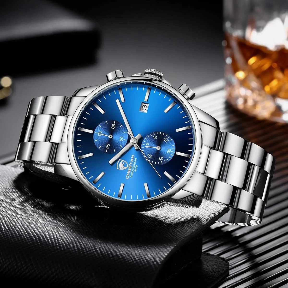 Affute Orologi da uomo in acciaio inox e metallo, stile casual, impermeabile, cronografo al quarzo, data automatica, lancette colorate - Blu argento - immagine 6