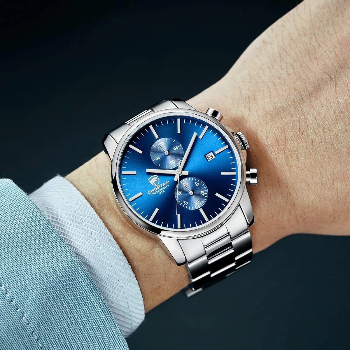 Affute Orologi da uomo in acciaio inox e metallo, stile casual, impermeabile, cronografo al quarzo, data automatica, lancette colorate - Blu argento - immagine 7