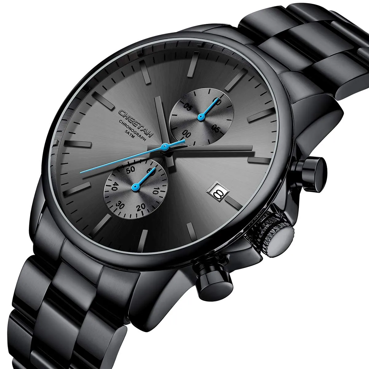 Affute Orologi da uomo in acciaio inox e metallo, stile casual, impermeabile, cronografo al quarzo, data automatica, lancette colorate - Nero Blu - immagine 2