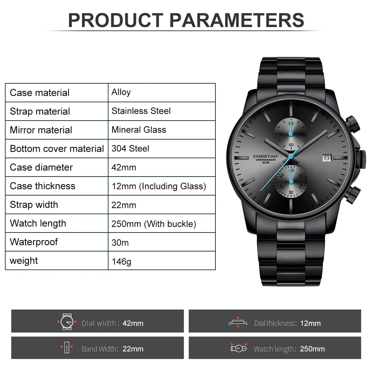 Affute Orologi da uomo in acciaio inox e metallo, stile casual, impermeabile, cronografo al quarzo, data automatica, lancette colorate - Nero Blu - immagine 3