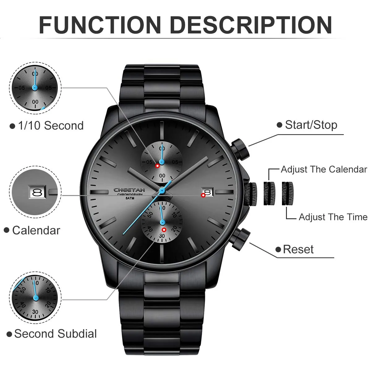 Affute Orologi da uomo in acciaio inox e metallo, stile casual, impermeabile, cronografo al quarzo, data automatica, lancette colorate - Nero Blu - immagine 4