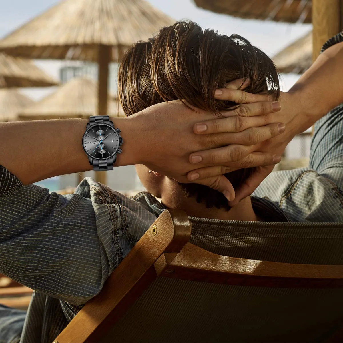 Affute Orologi da uomo in acciaio inox e metallo, stile casual, impermeabile, cronografo al quarzo, data automatica, lancette colorate - Nero Blu - immagine 5