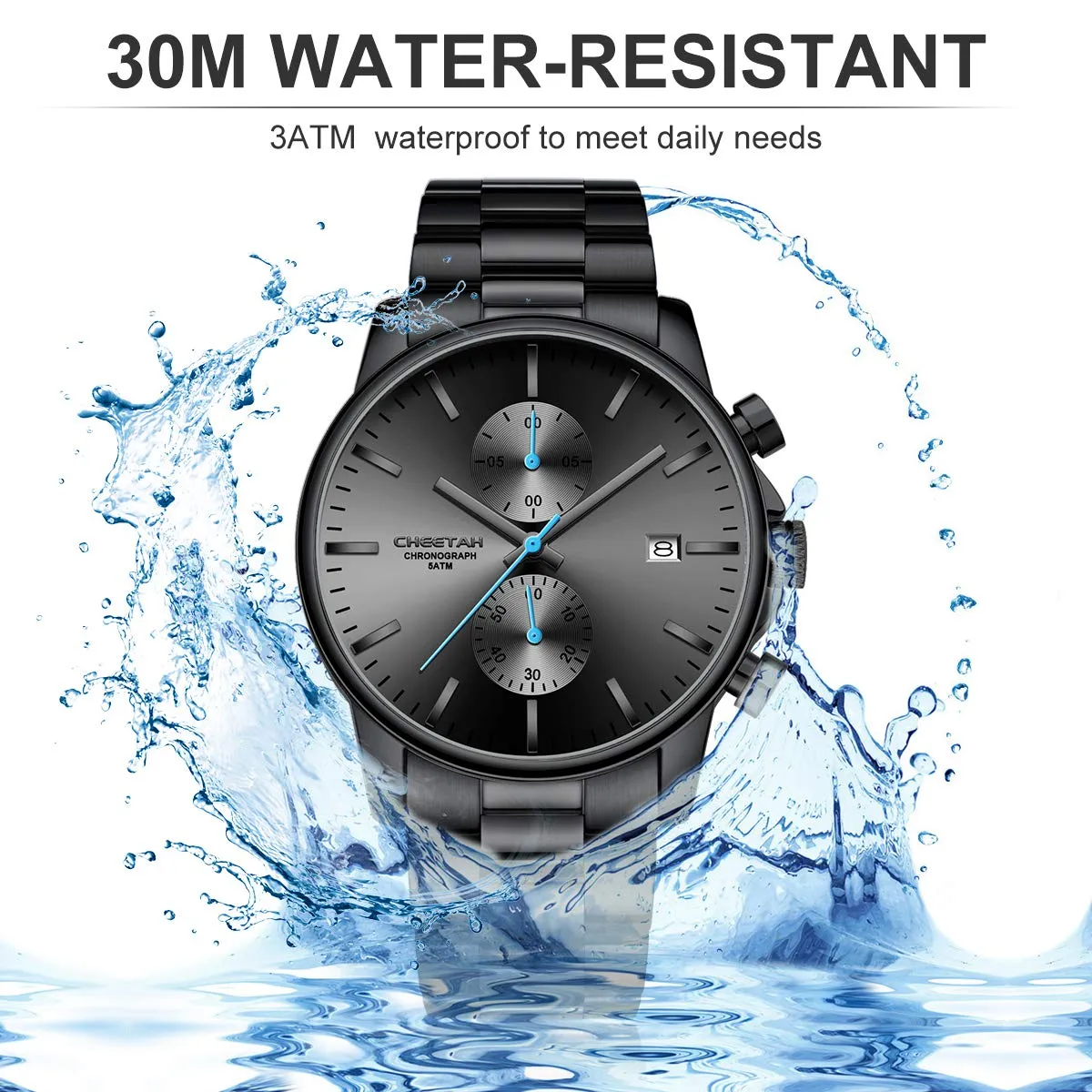 Affute Orologi da uomo in acciaio inox e metallo, stile casual, impermeabile, cronografo al quarzo, data automatica, lancette colorate - Nero Blu - immagine 6