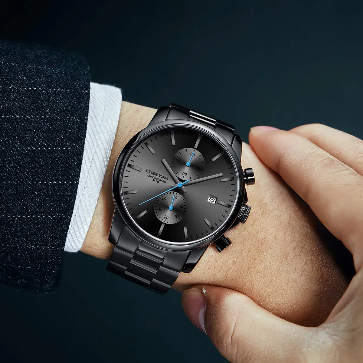 Affute Orologi da uomo in acciaio inox e metallo, stile casual, impermeabile, cronografo al quarzo, data automatica, lancette colorate - Nero Blu - immagine 7