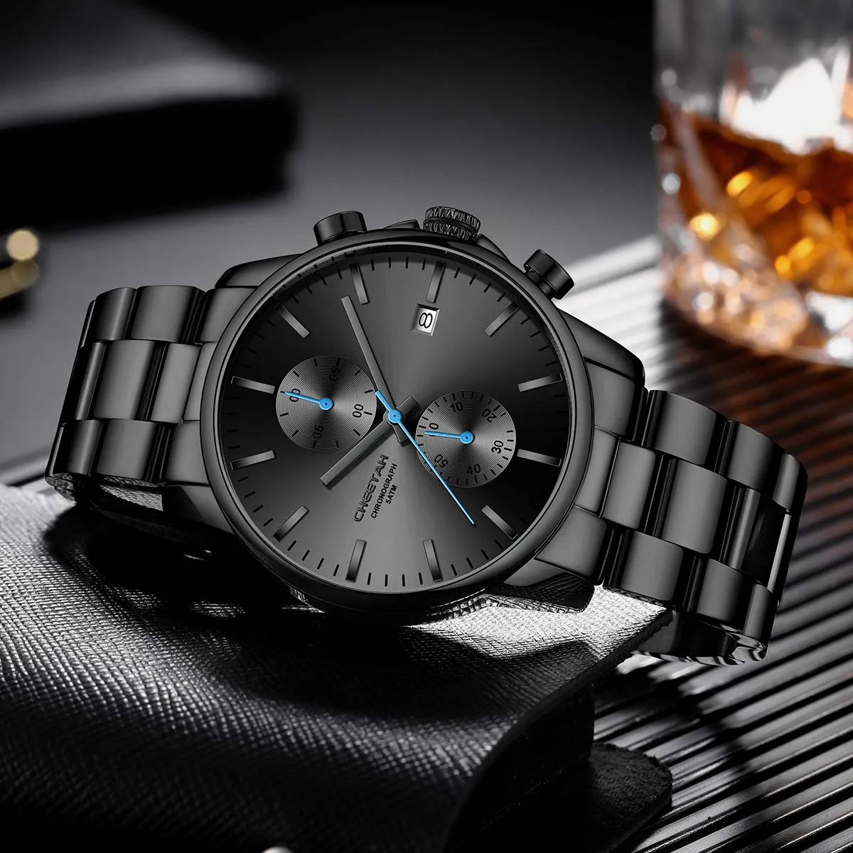 Affute Orologi da uomo in acciaio inox e metallo, stile casual, impermeabile, cronografo al quarzo, data automatica, lancette colorate - Nero Blu - immagine 8