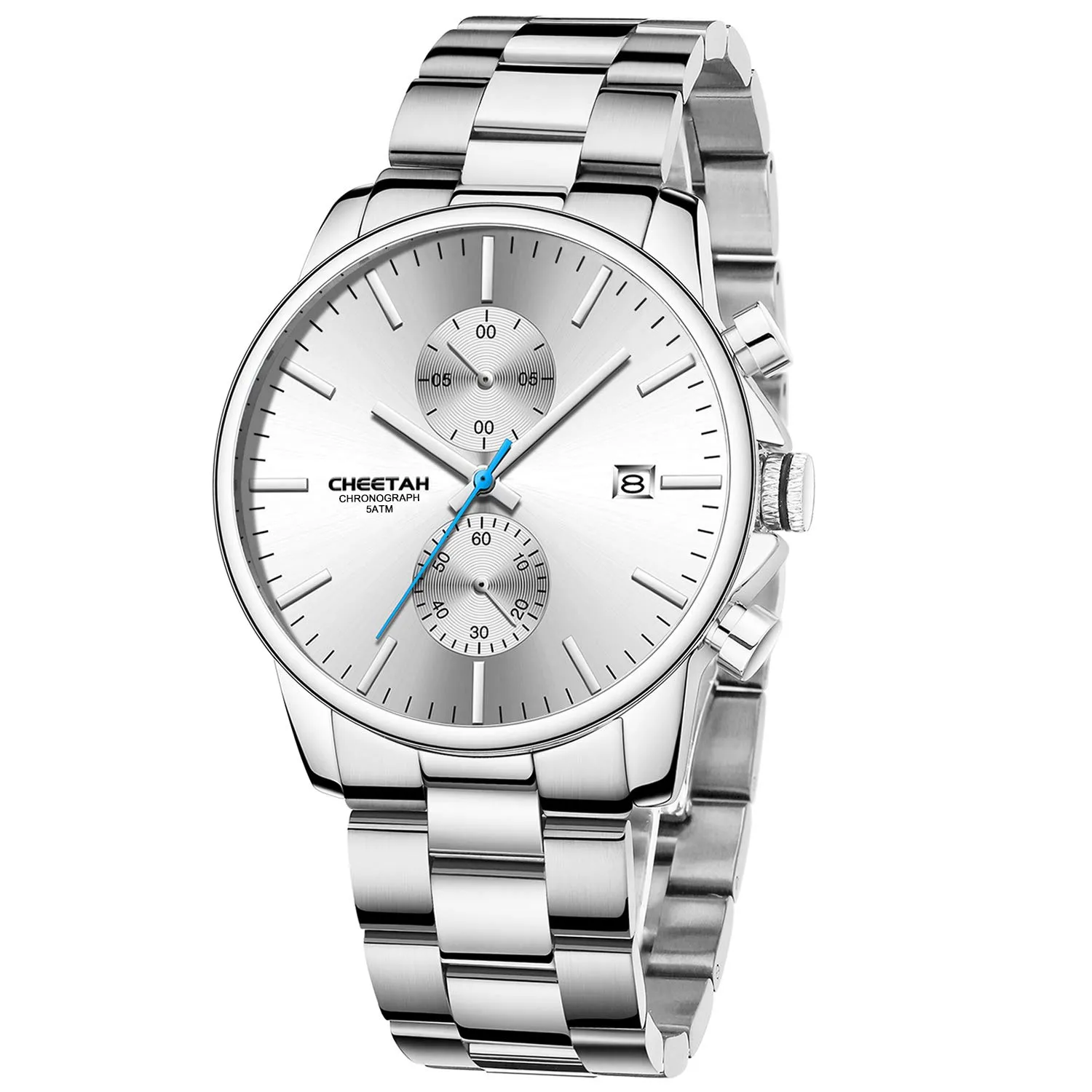 Affute Orologi da uomo in acciaio inox e metallo, stile casual, impermeabile, cronografo al quarzo, data automatica, lancette colorate - Bianco argentato - immagine 1