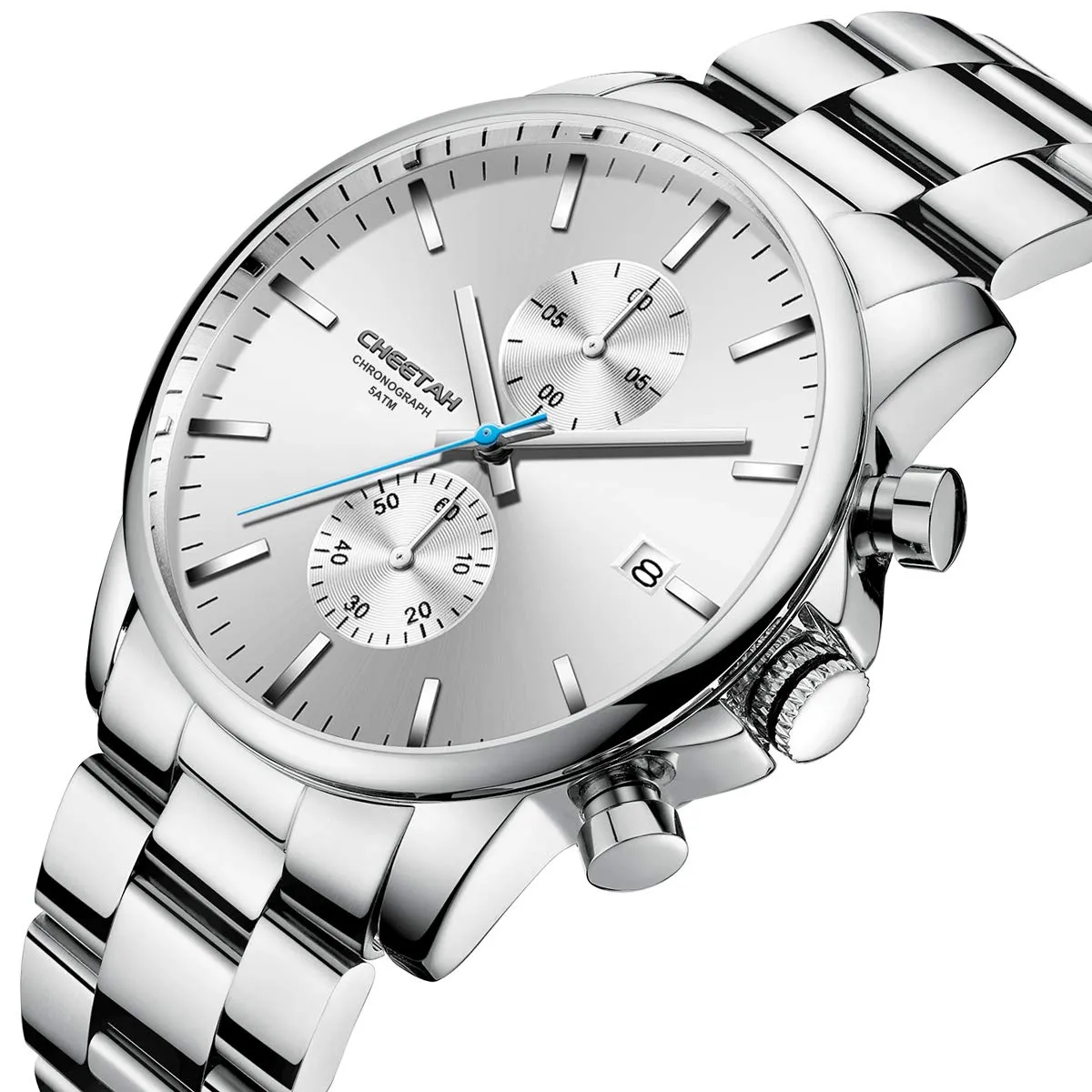 Affute Orologi da uomo in acciaio inox e metallo, stile casual, impermeabile, cronografo al quarzo, data automatica, lancette colorate - Bianco argentato - immagine 2