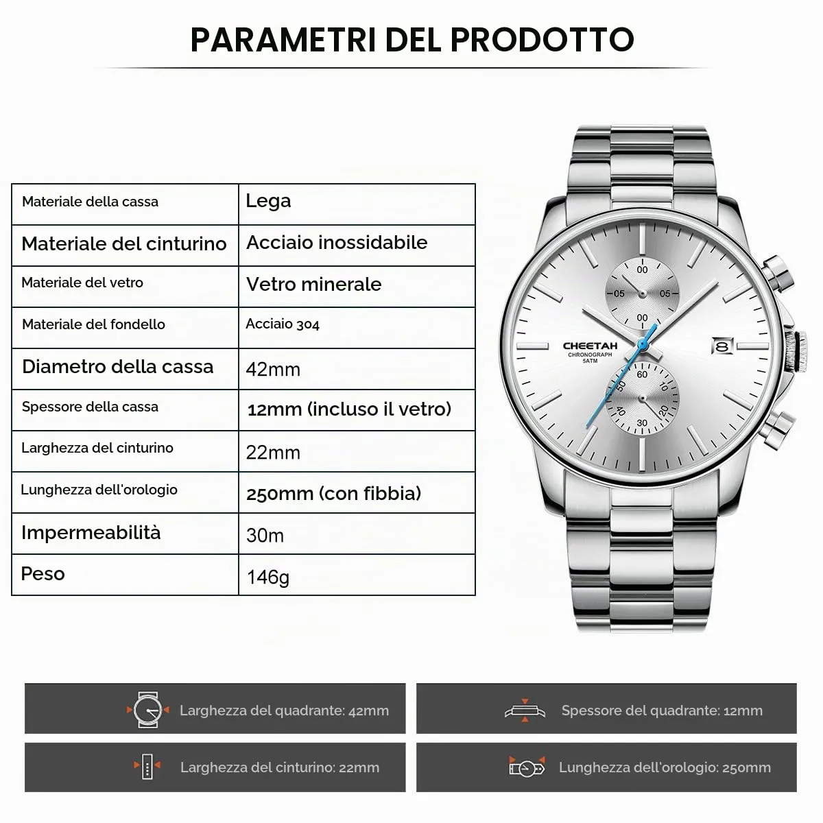 Affute Orologi da uomo in acciaio inox e metallo, stile casual, impermeabile, cronografo al quarzo, data automatica, lancette colorate - Bianco argentato - immagine 3