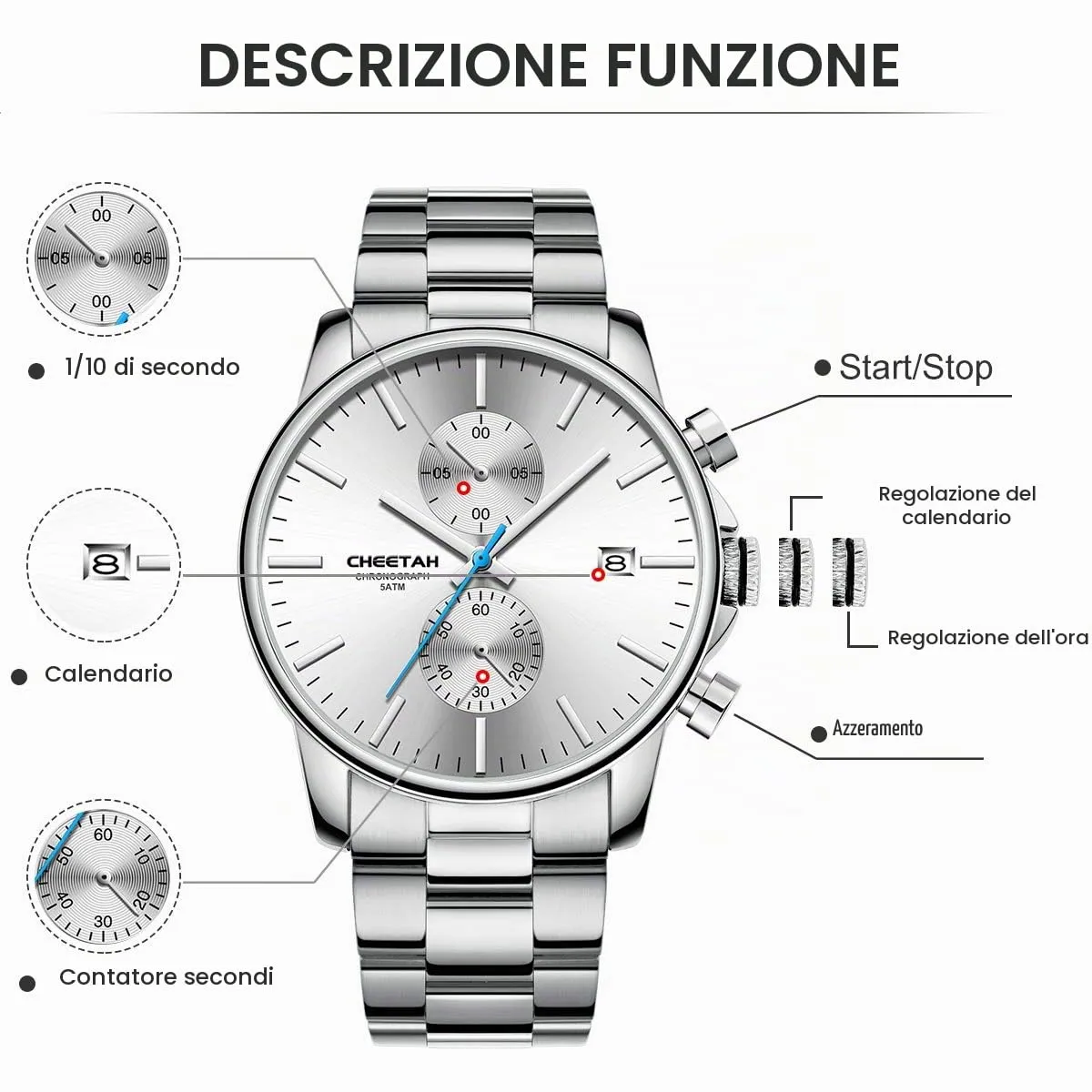 Affute Orologi da uomo in acciaio inox e metallo, stile casual, impermeabile, cronografo al quarzo, data automatica, lancette colorate - Bianco argentato - immagine 4
