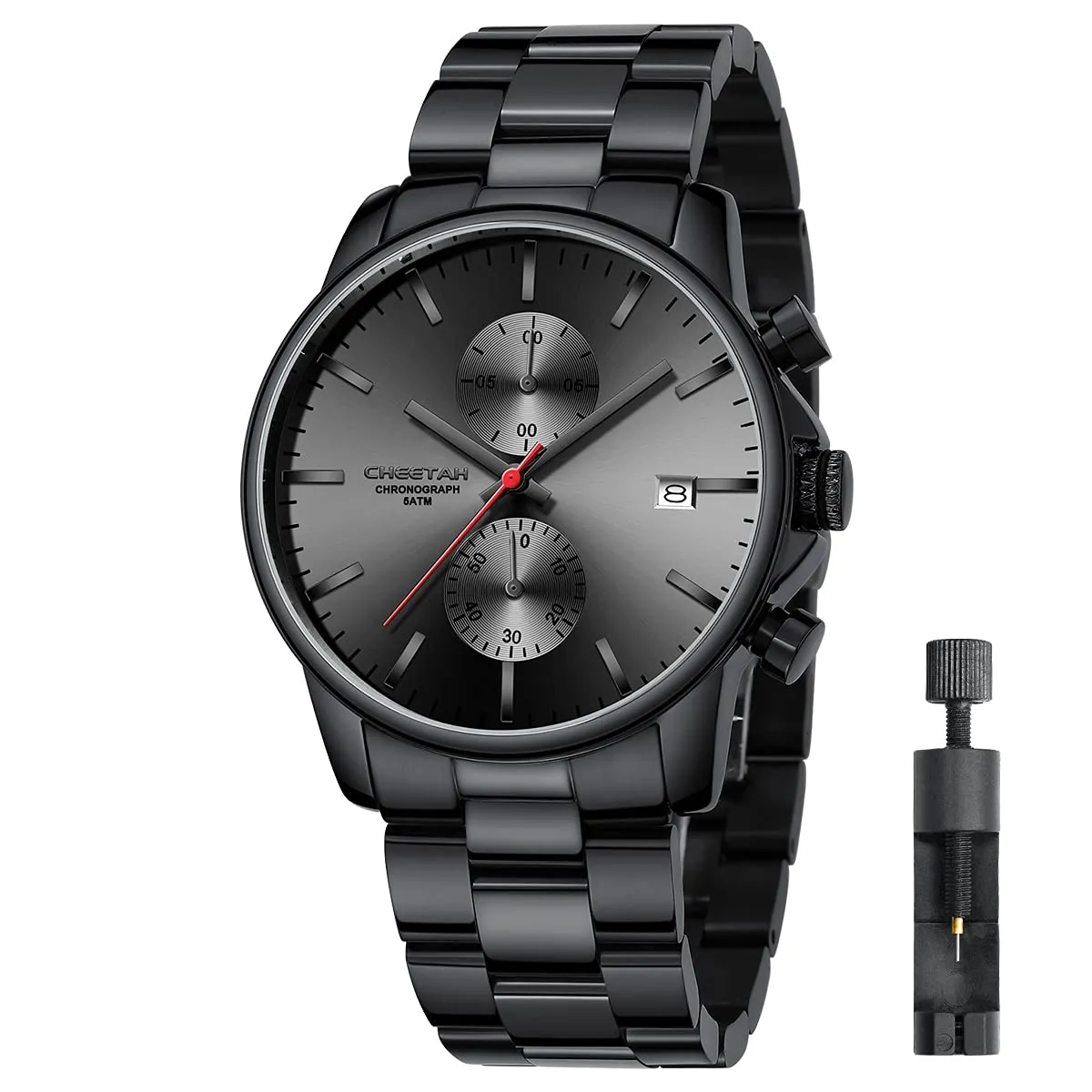 Affute Orologi da uomo in acciaio inox e metallo, stile casual, impermeabile, cronografo al quarzo, data automatica, lancette colorate - Nero rosso - immagine 1