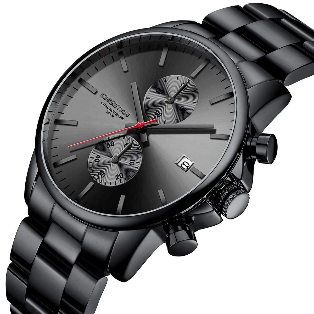 Affute Orologi da uomo in acciaio inox e metallo, stile casual, impermeabile, cronografo al quarzo, data automatica, lancette colorate - Nero rosso - immagine 2