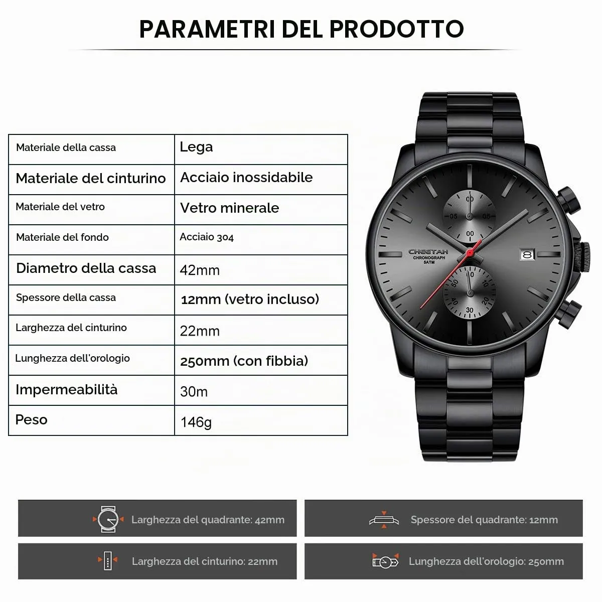 Affute Orologi da uomo in acciaio inox e metallo, stile casual, impermeabile, cronografo al quarzo, data automatica, lancette colorate - Nero rosso - immagine 3