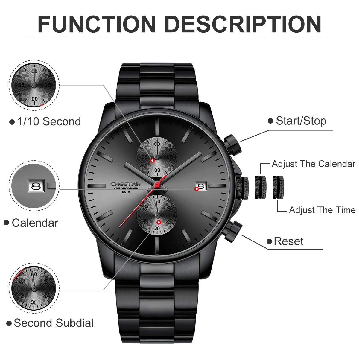 Affute Orologi da uomo in acciaio inox e metallo, stile casual, impermeabile, cronografo al quarzo, data automatica, lancette colorate - Nero rosso - immagine 4