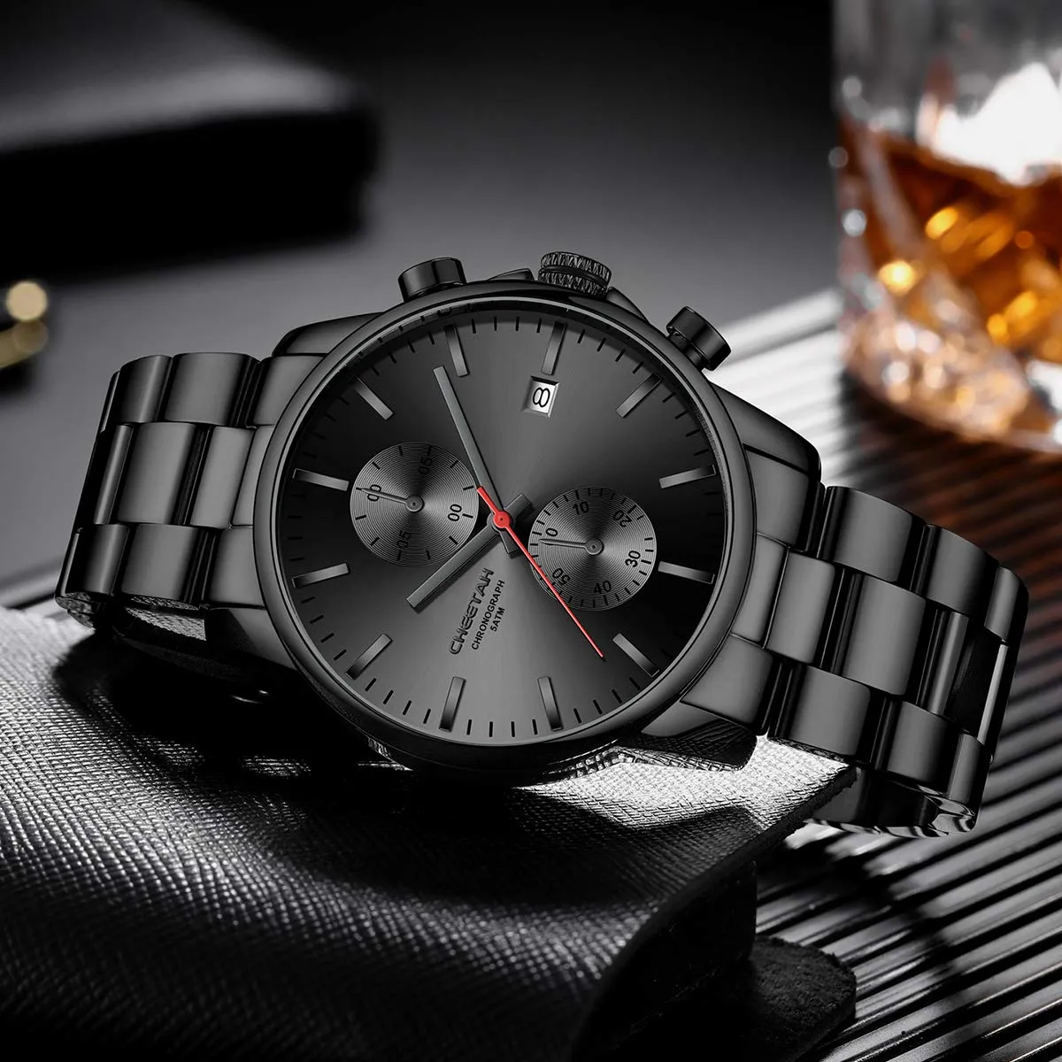 Affute Orologi da uomo in acciaio inox e metallo, stile casual, impermeabile, cronografo al quarzo, data automatica, lancette colorate - Nero rosso - immagine 5