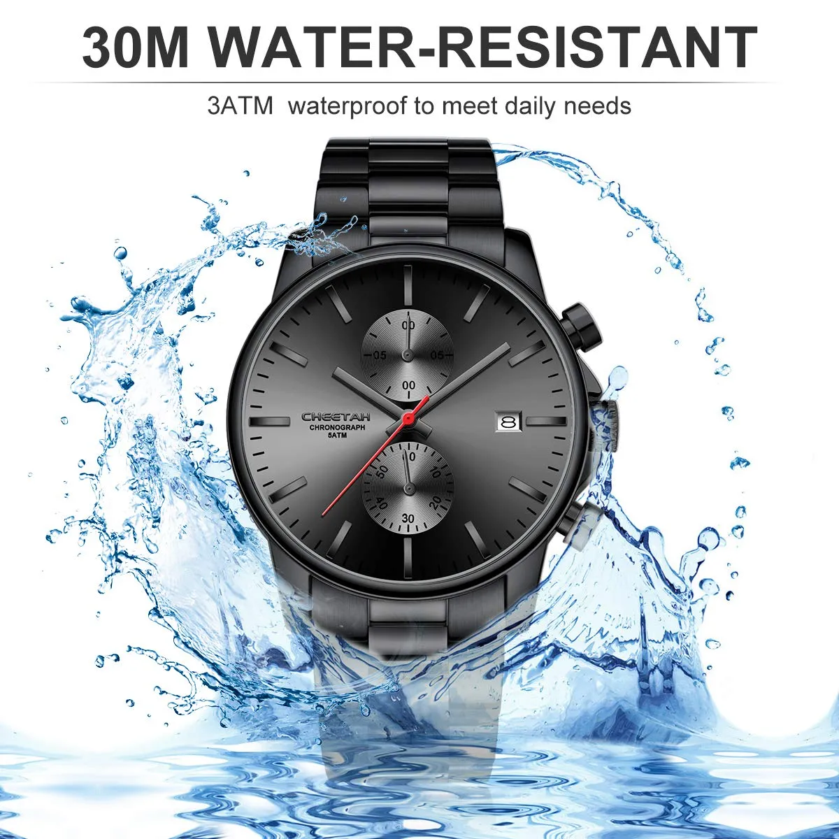 Affute Orologi da uomo in acciaio inox e metallo, stile casual, impermeabile, cronografo al quarzo, data automatica, lancette colorate - Nero rosso - immagine 6