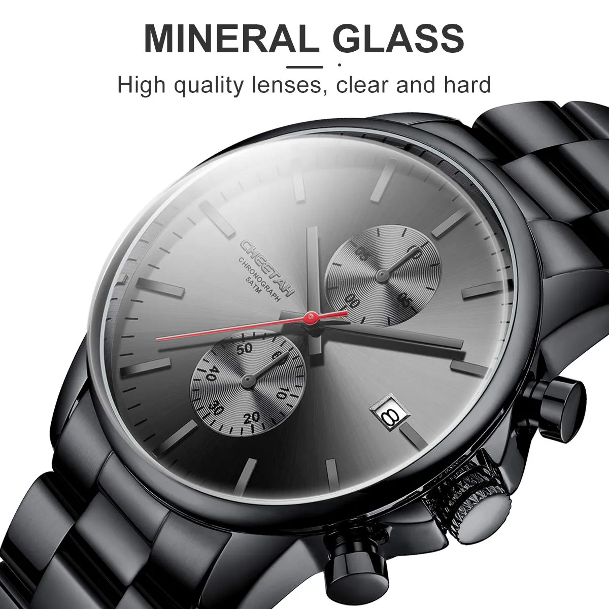 Affute Orologi da uomo in acciaio inox e metallo, stile casual, impermeabile, cronografo al quarzo, data automatica, lancette colorate - Nero rosso - immagine 8