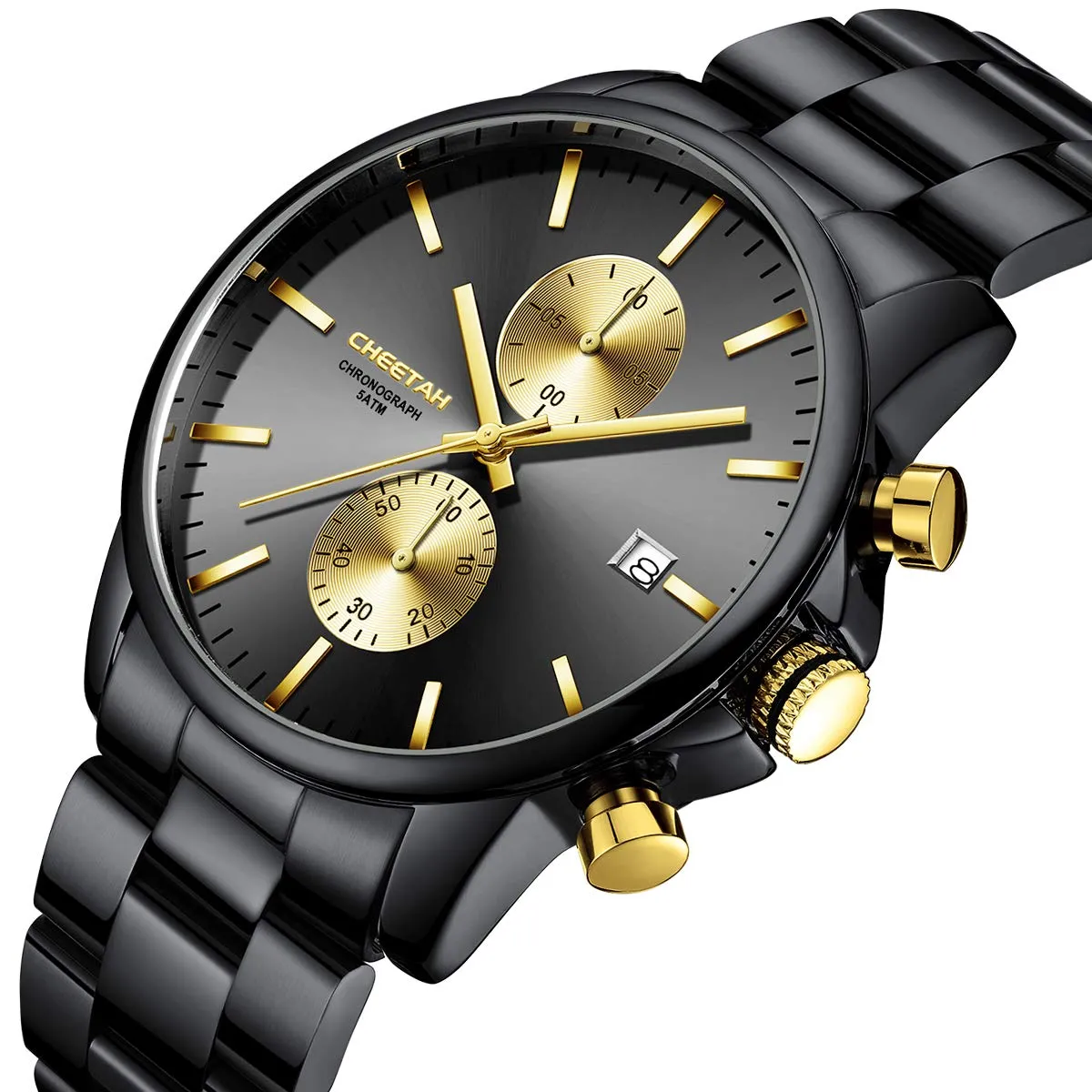 Affute Orologi da uomo in acciaio inox e metallo, stile casual, impermeabile, cronografo al quarzo, data automatica, lancette colorate - Nero oro - immagine 2