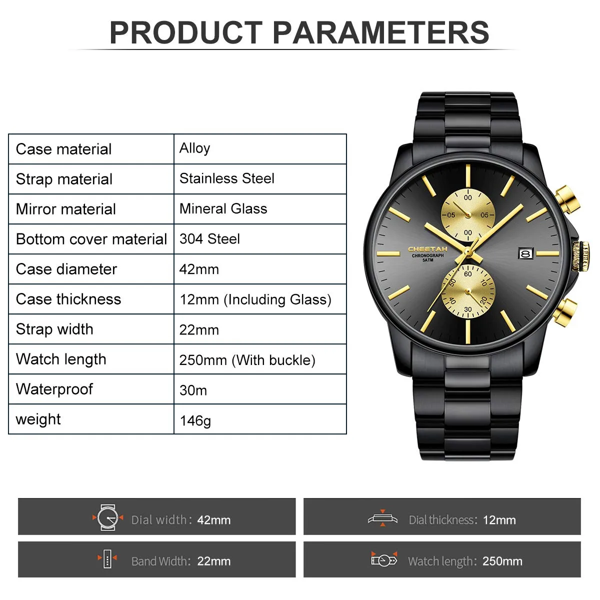 Affute Orologi da uomo in acciaio inox e metallo, stile casual, impermeabile, cronografo al quarzo, data automatica, lancette colorate - Nero oro - immagine 3