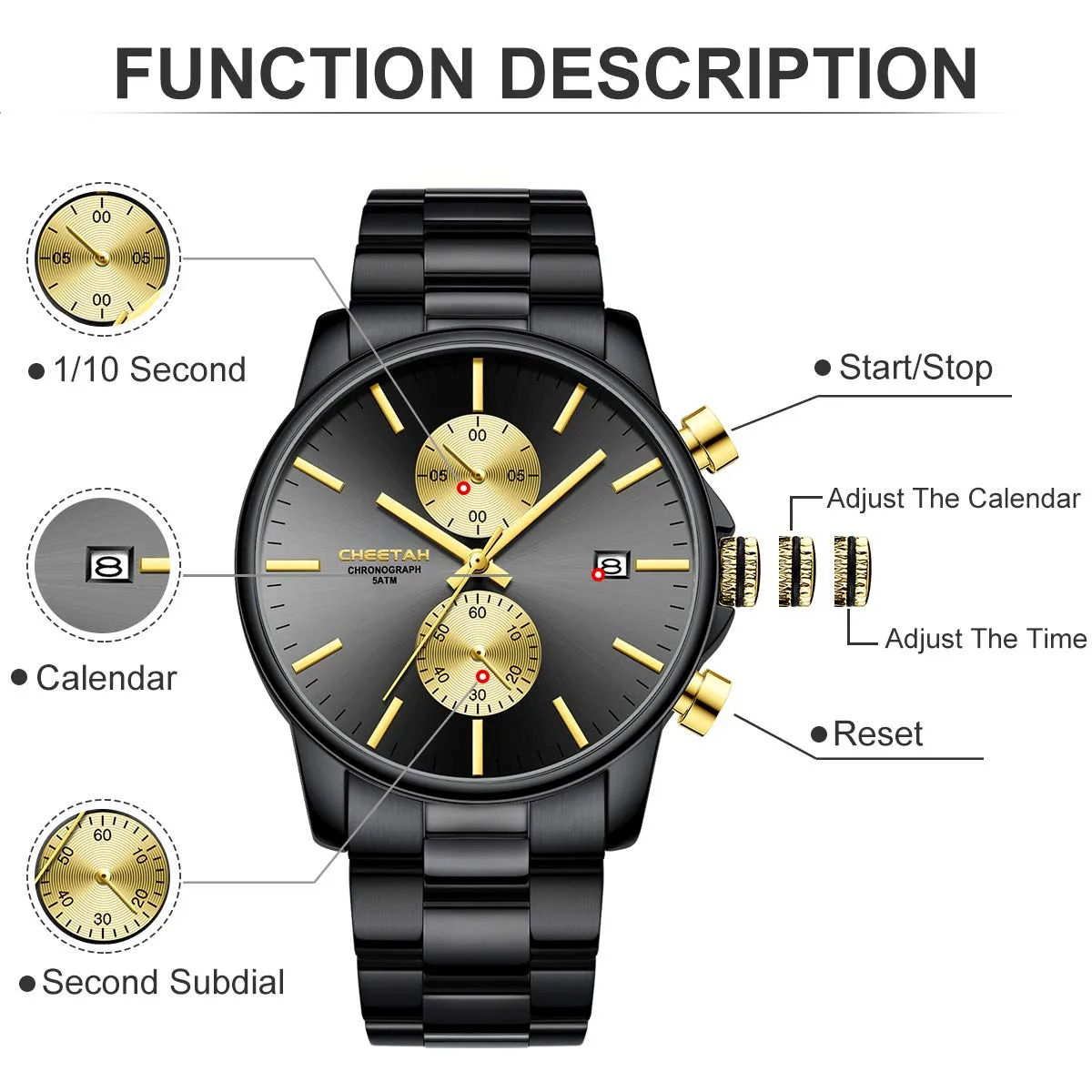 Affute Orologi da uomo in acciaio inox e metallo, stile casual, impermeabile, cronografo al quarzo, data automatica, lancette colorate - Nero oro - immagine 4