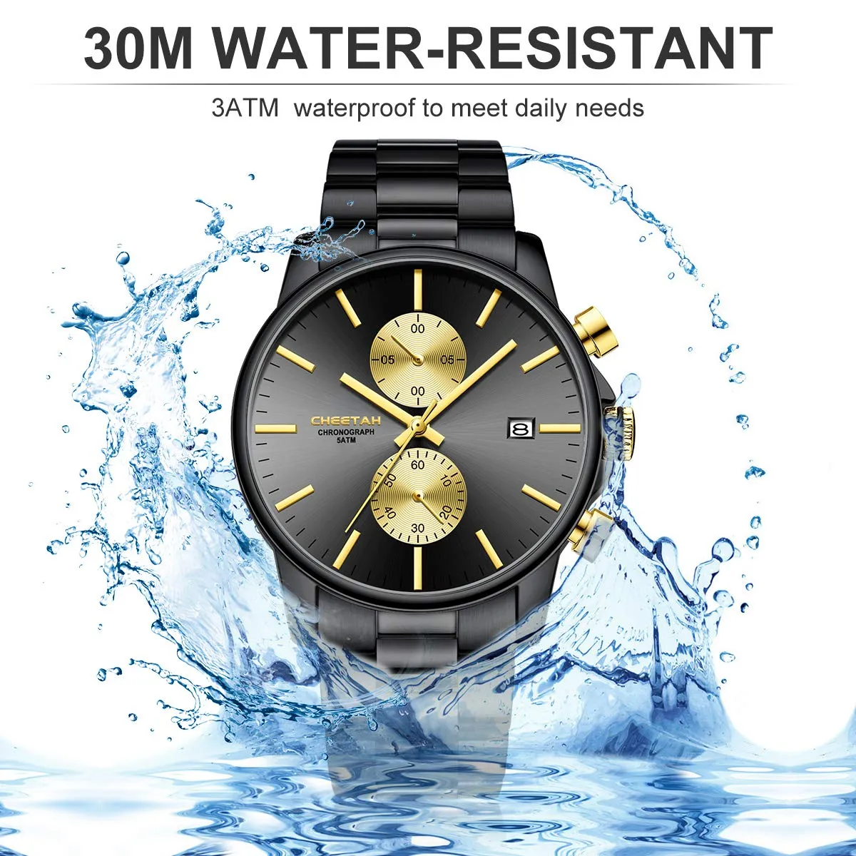 Affute Orologi da uomo in acciaio inox e metallo, stile casual, impermeabile, cronografo al quarzo, data automatica, lancette colorate - Nero oro - immagine 6