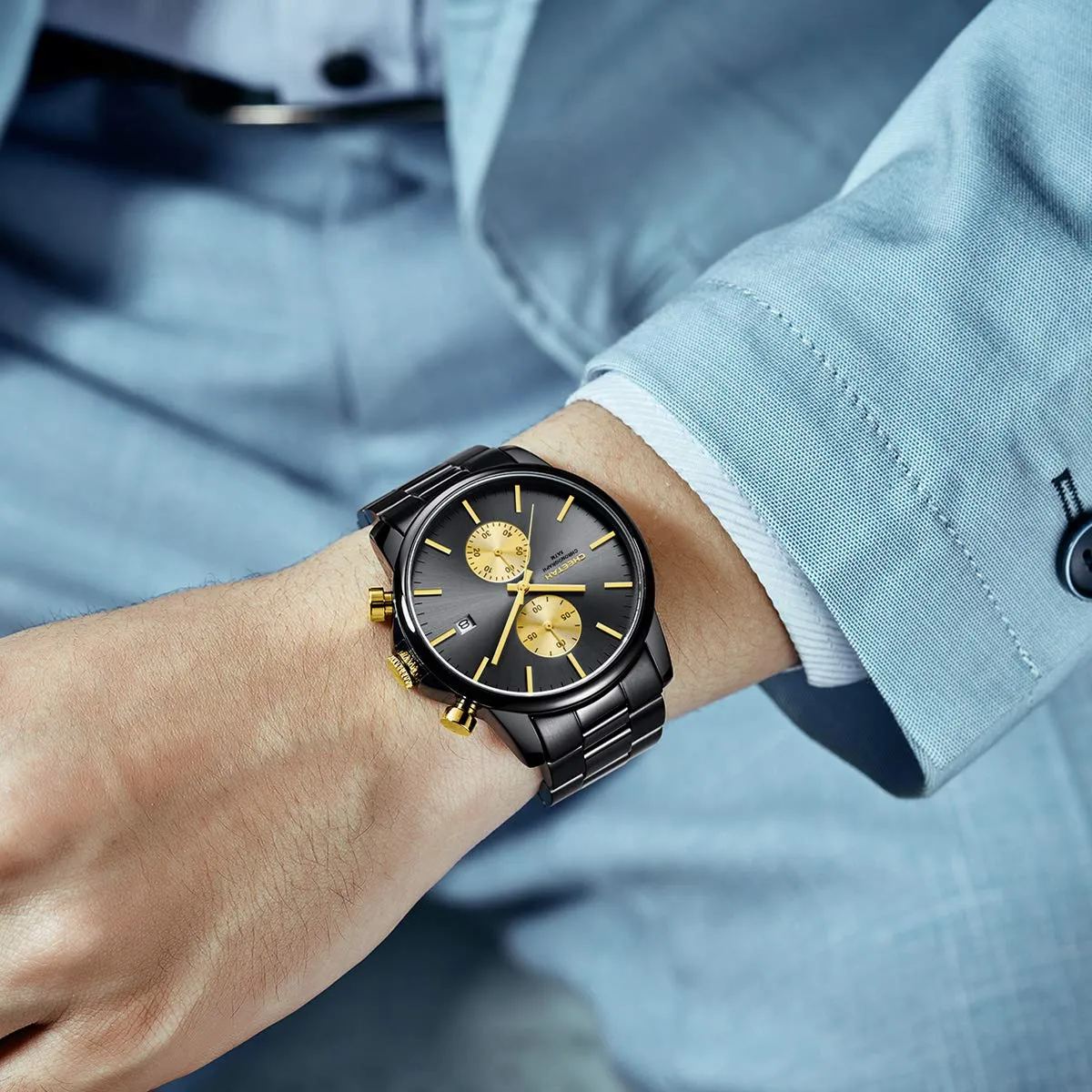 Affute Orologi da uomo in acciaio inox e metallo, stile casual, impermeabile, cronografo al quarzo, data automatica, lancette colorate - Nero oro - immagine 7