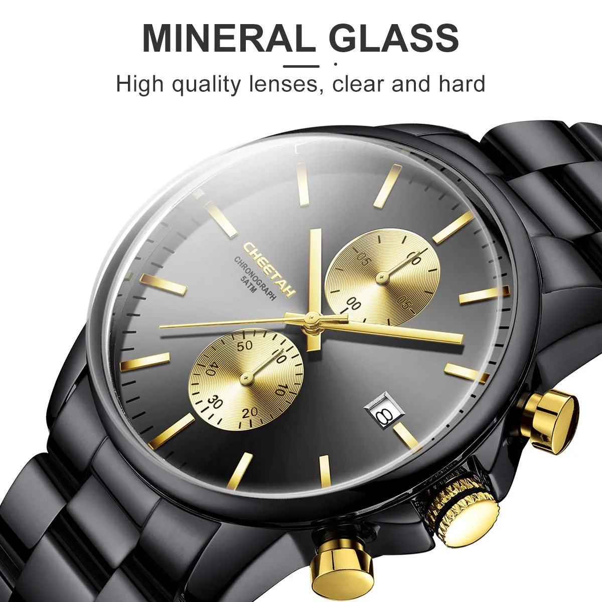 Affute Orologi da uomo in acciaio inox e metallo, stile casual, impermeabile, cronografo al quarzo, data automatica, lancette colorate - Nero oro - immagine 9