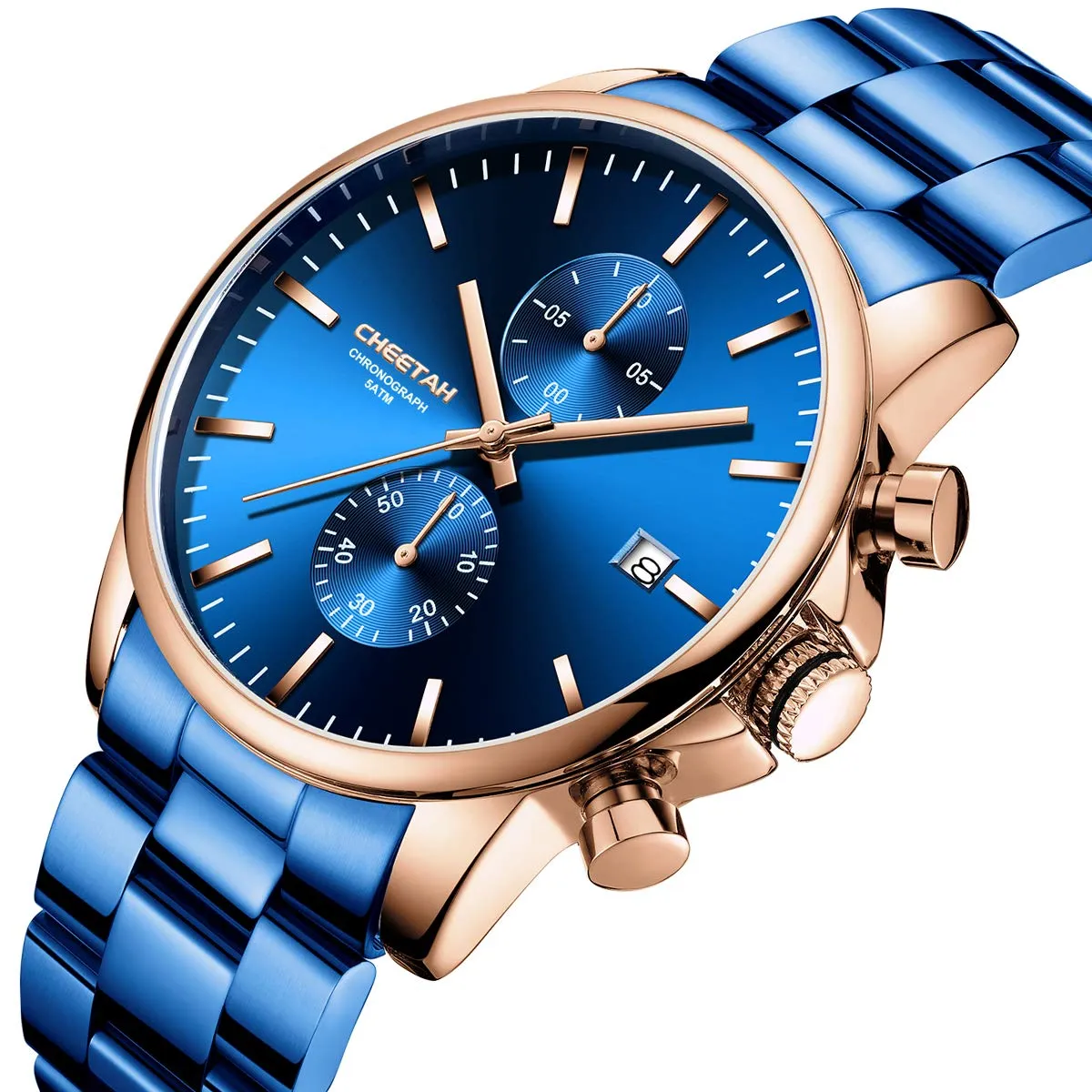 Affute Orologi da uomo in acciaio inox e metallo, stile casual, impermeabile, cronografo al quarzo, data automatica, lancette colorate - Blu oro rosa - immagine 2