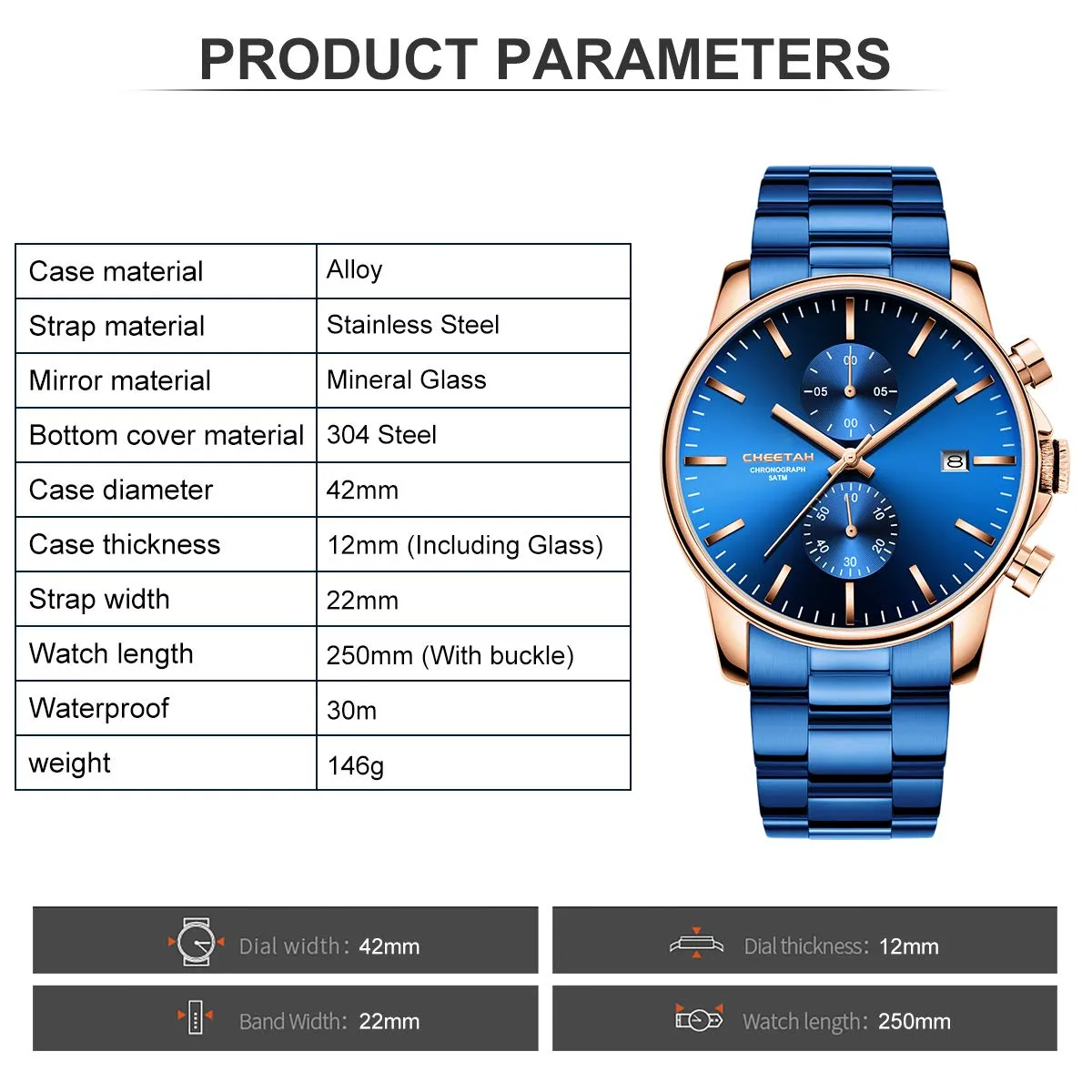 Affute Orologi da uomo in acciaio inox e metallo, stile casual, impermeabile, cronografo al quarzo, data automatica, lancette colorate - Blu oro rosa - immagine 3
