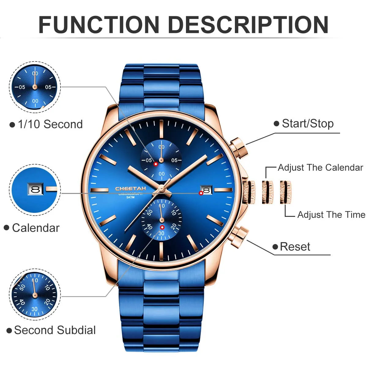 Affute Orologi da uomo in acciaio inox e metallo, stile casual, impermeabile, cronografo al quarzo, data automatica, lancette colorate - Blu oro rosa - immagine 4