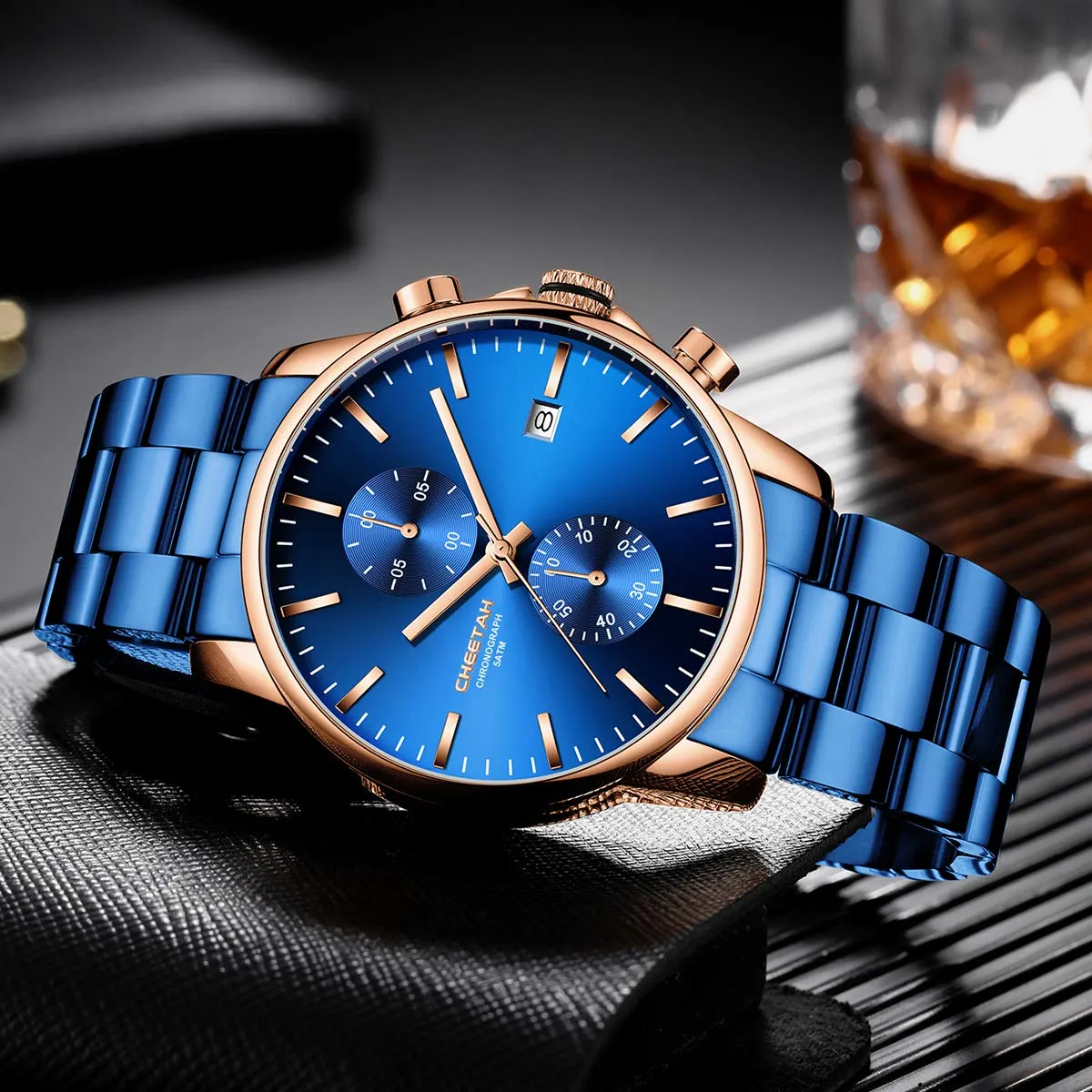 Affute Orologi da uomo in acciaio inox e metallo, stile casual, impermeabile, cronografo al quarzo, data automatica, lancette colorate - Blu oro rosa - immagine 5
