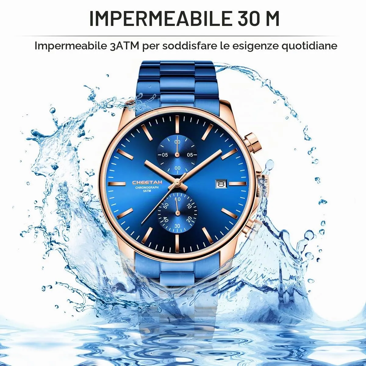 Affute Orologi da uomo in acciaio inox e metallo, stile casual, impermeabile, cronografo al quarzo, data automatica, lancette colorate - Blu oro rosa - immagine 6