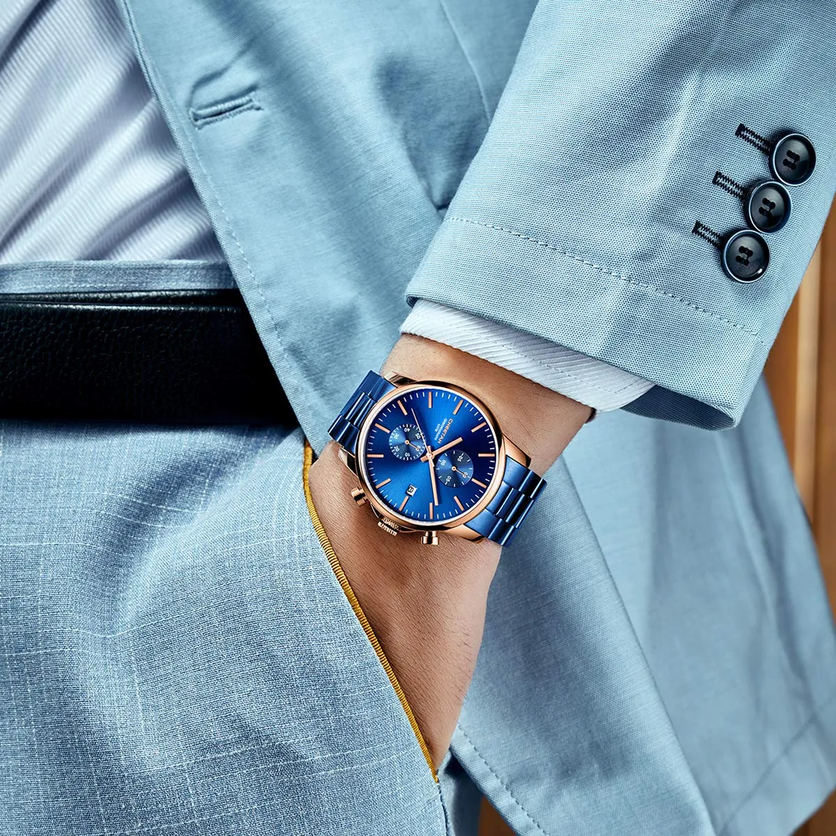 Affute Orologi da uomo in acciaio inox e metallo, stile casual, impermeabile, cronografo al quarzo, data automatica, lancette colorate - Blu oro rosa - immagine 7