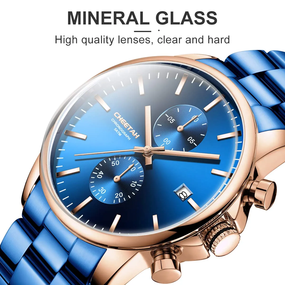 Affute Orologi da uomo in acciaio inox e metallo, stile casual, impermeabile, cronografo al quarzo, data automatica, lancette colorate - Blu oro rosa - immagine 8