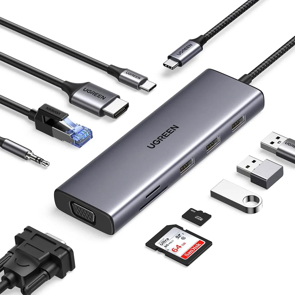 Hub USB-C UGREEN CM498 (15601), 3 x USB-A 3.0 - 1 x USB-C - 1 x HDMI - 1 x VGA - 1 x Jack 3.5mm - 1 x RJ45 - 1 x SD - 1 x microSD, Grigio - immagine 1