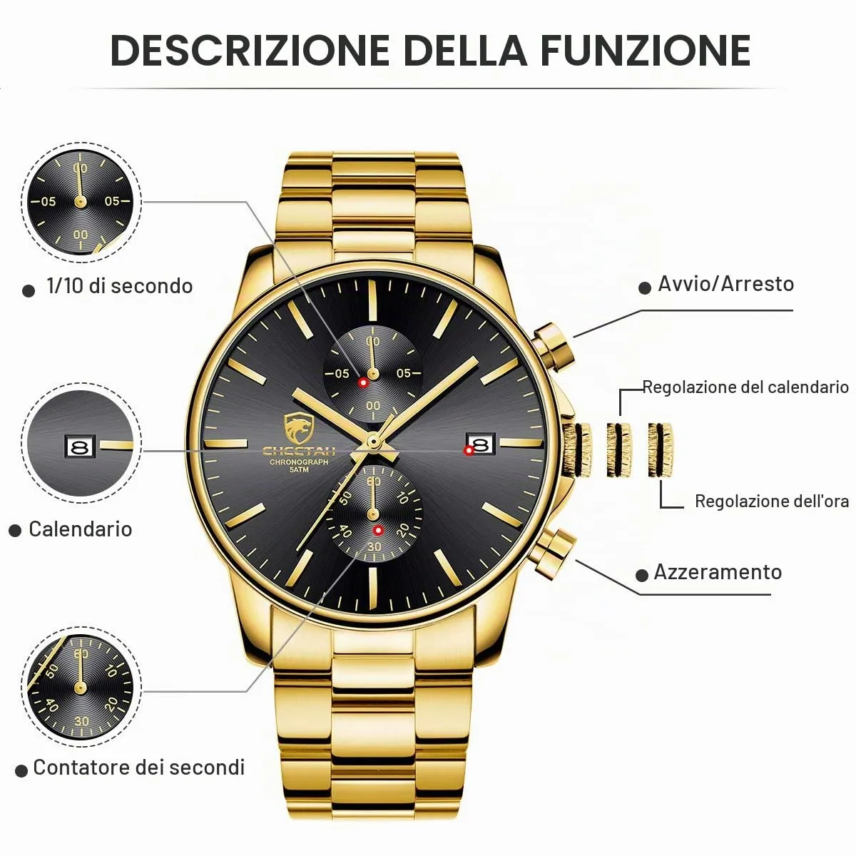 Affute Orologi da uomo in acciaio inox e metallo, stile casual, impermeabile, cronografo al quarzo, data automatica, lancette colorate… (Oro nero) - immagine 3