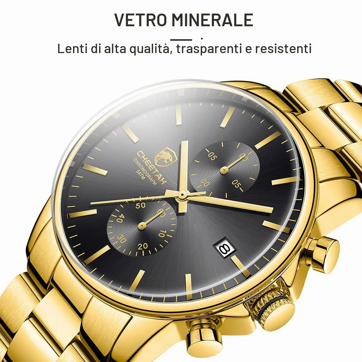 Affute Orologi da uomo in acciaio inox e metallo, stile casual, impermeabile, cronografo al quarzo, data automatica, lancette colorate… (Oro nero) - immagine 4