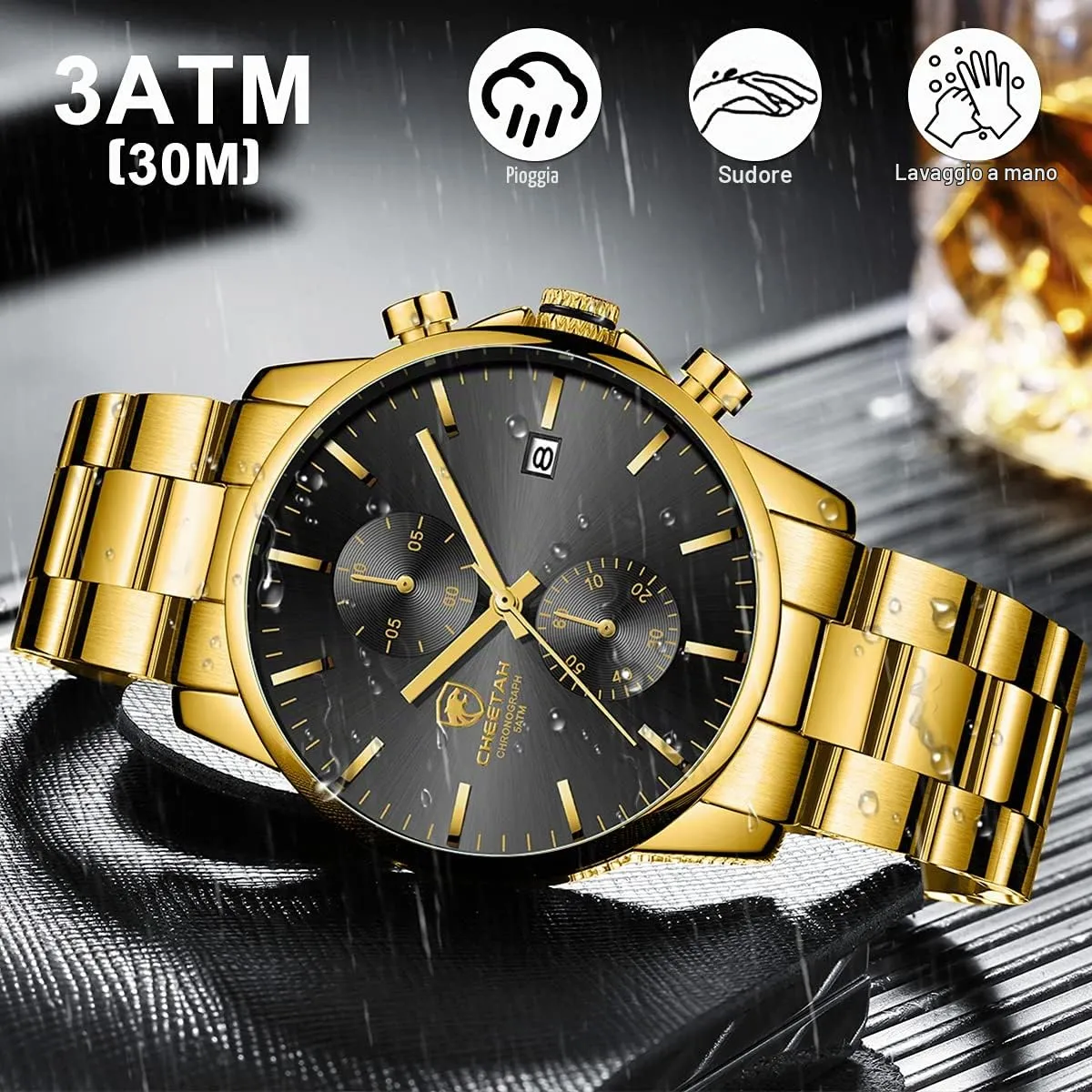 Affute Orologi da uomo in acciaio inox e metallo, stile casual, impermeabile, cronografo al quarzo, data automatica, lancette colorate… (Oro nero) - immagine 5