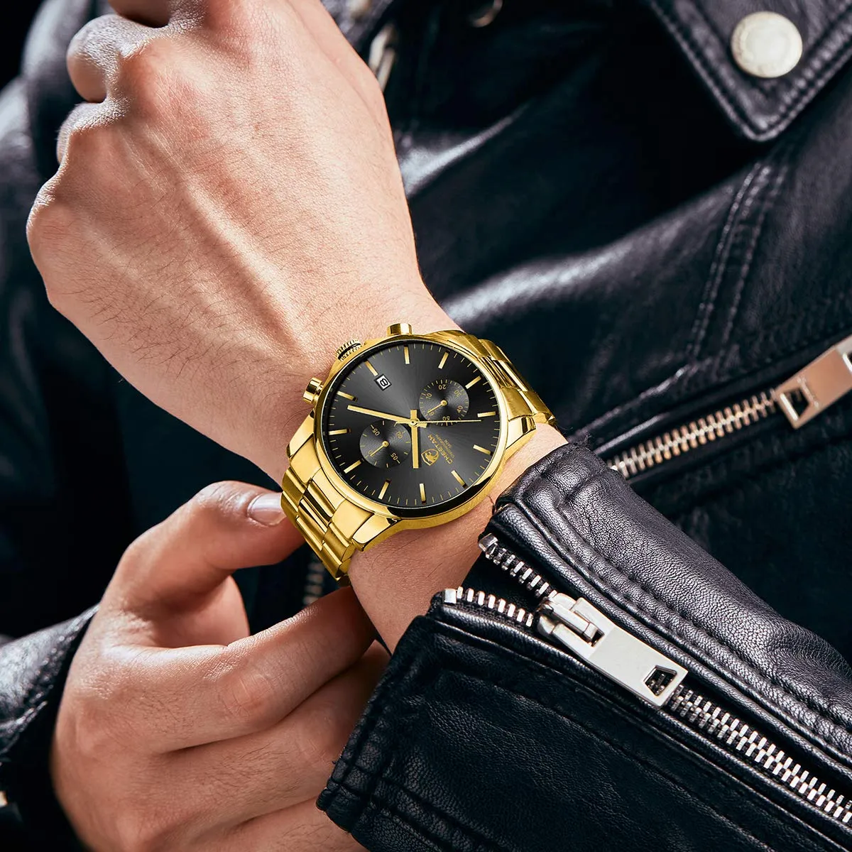 Affute Orologi da uomo in acciaio inox e metallo, stile casual, impermeabile, cronografo al quarzo, data automatica, lancette colorate… (Oro nero) - immagine 7