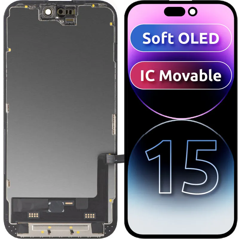 Display con Touchscreen MP compatibile con Apple iPhone 15, con Cornice, Versione Soft OLED FHD IC Movable, Nero - immagine 1