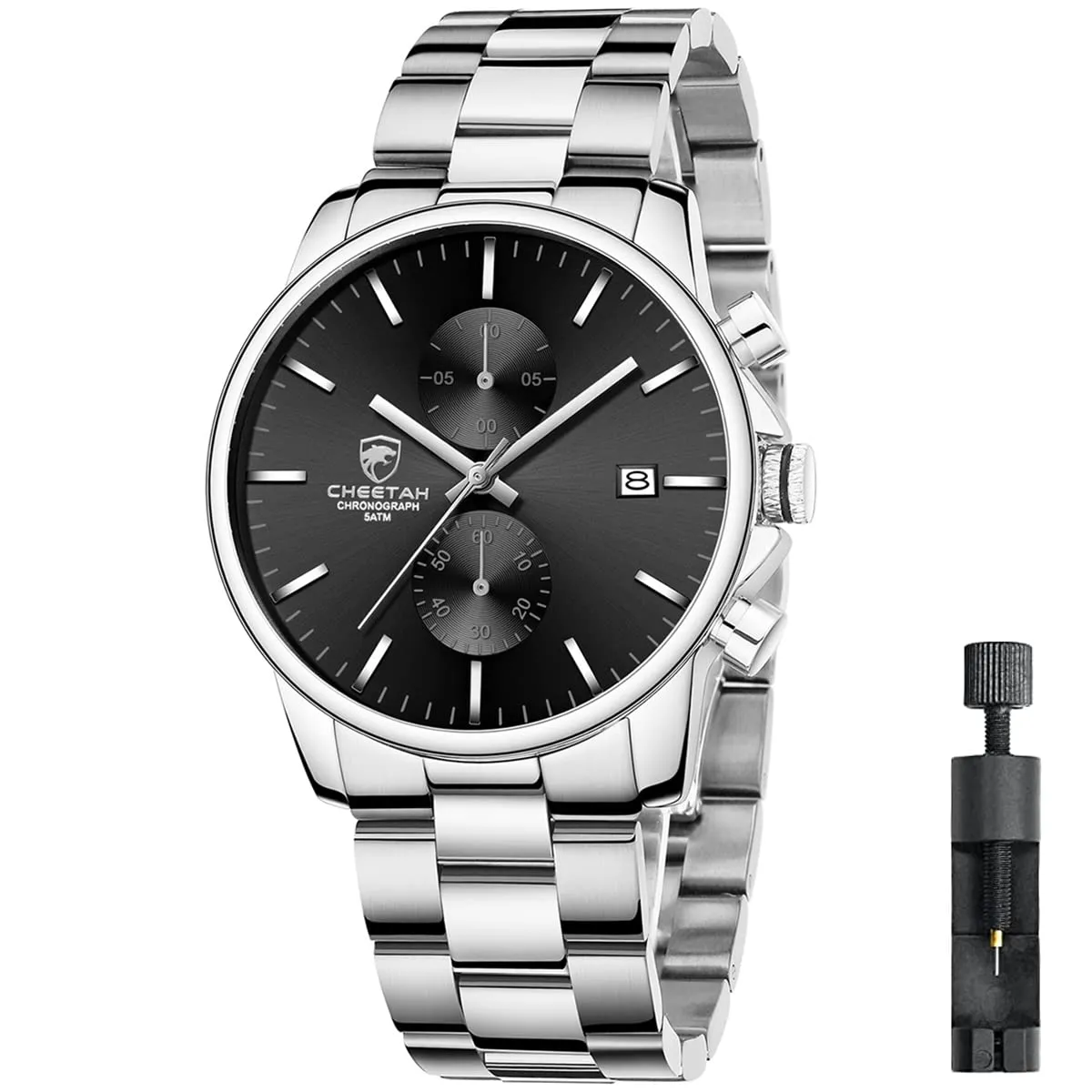 Affute Orologio da uomo con cronografo casual impermeabile orologio al quarzo in acciaio inox e metallo, auto date in lancette colorate, argento nero - immagine 1
