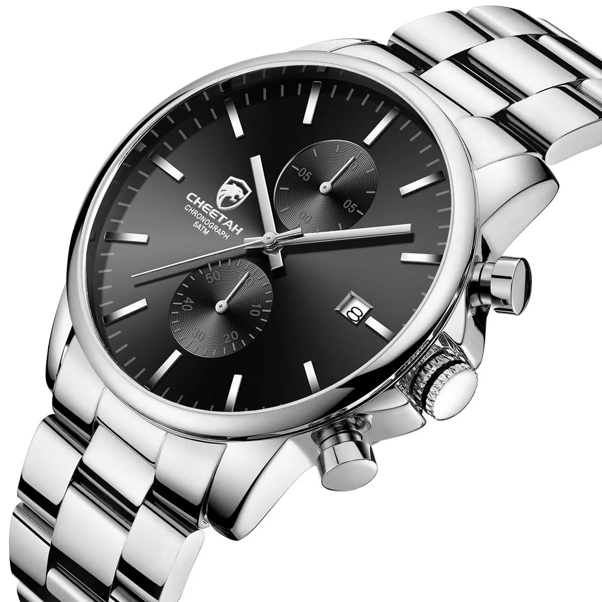 Affute Orologio da uomo con cronografo casual impermeabile orologio al quarzo in acciaio inox e metallo, auto date in lancette colorate, argento nero - immagine 2