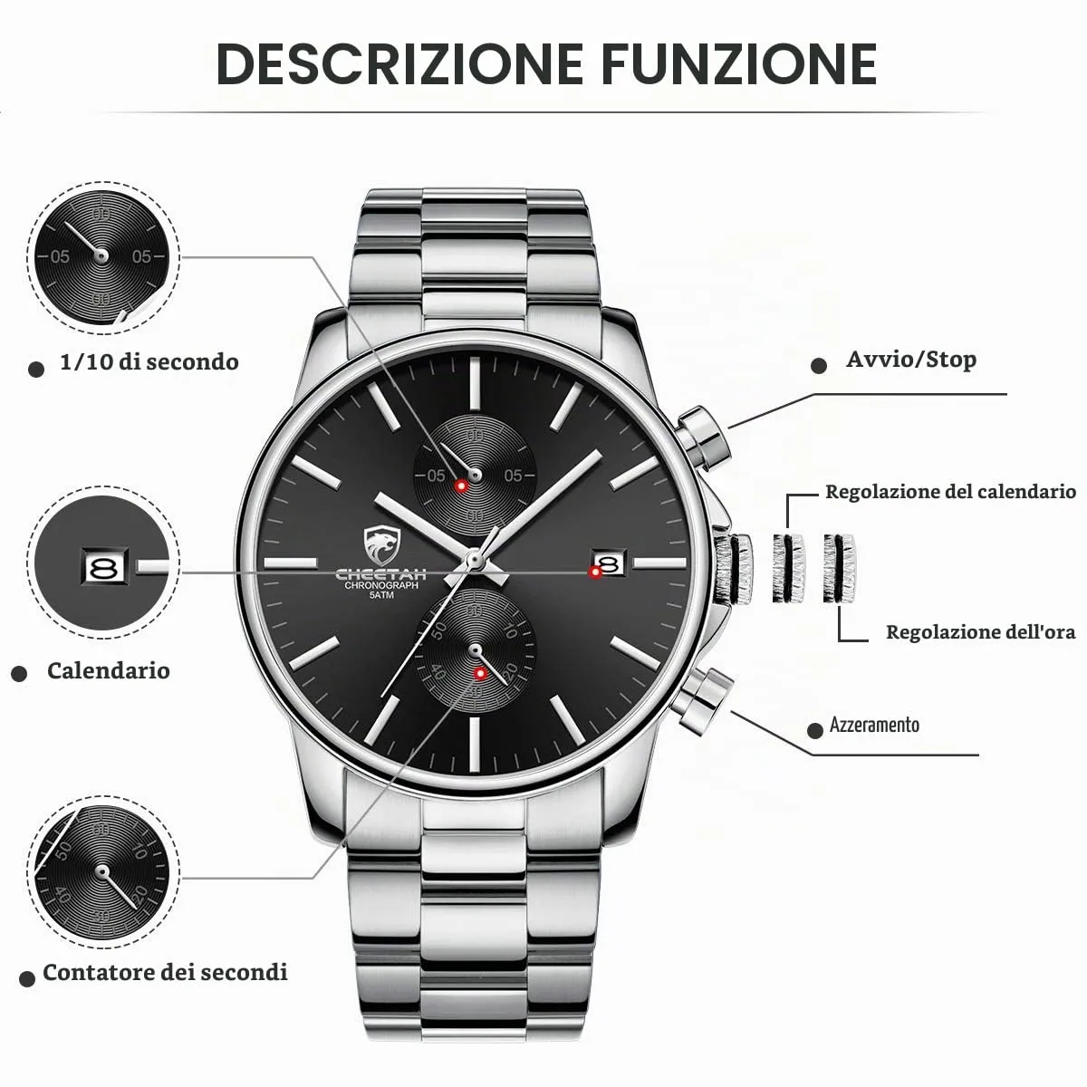 Affute Orologio da uomo con cronografo casual impermeabile orologio al quarzo in acciaio inox e metallo, auto date in lancette colorate, argento nero - immagine 3