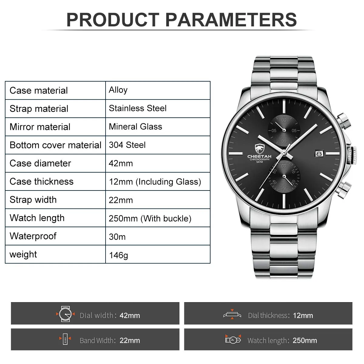 Affute Orologio da uomo con cronografo casual impermeabile orologio al quarzo in acciaio inox e metallo, auto date in lancette colorate, argento nero - immagine 4