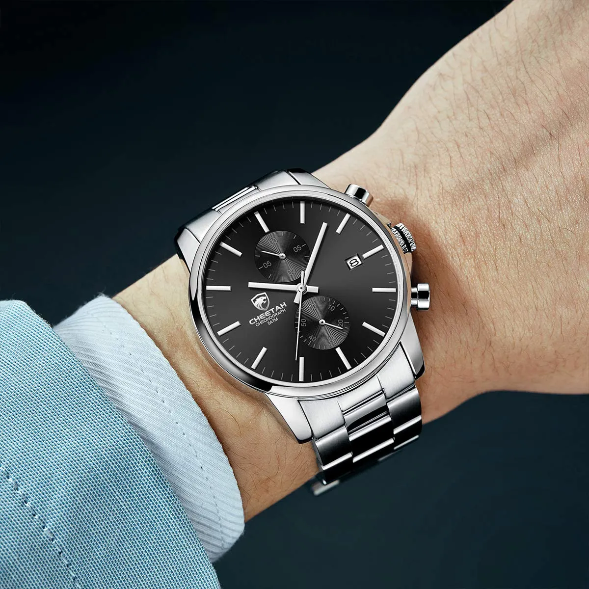 Affute Orologio da uomo con cronografo casual impermeabile orologio al quarzo in acciaio inox e metallo, auto date in lancette colorate, argento nero - immagine 6