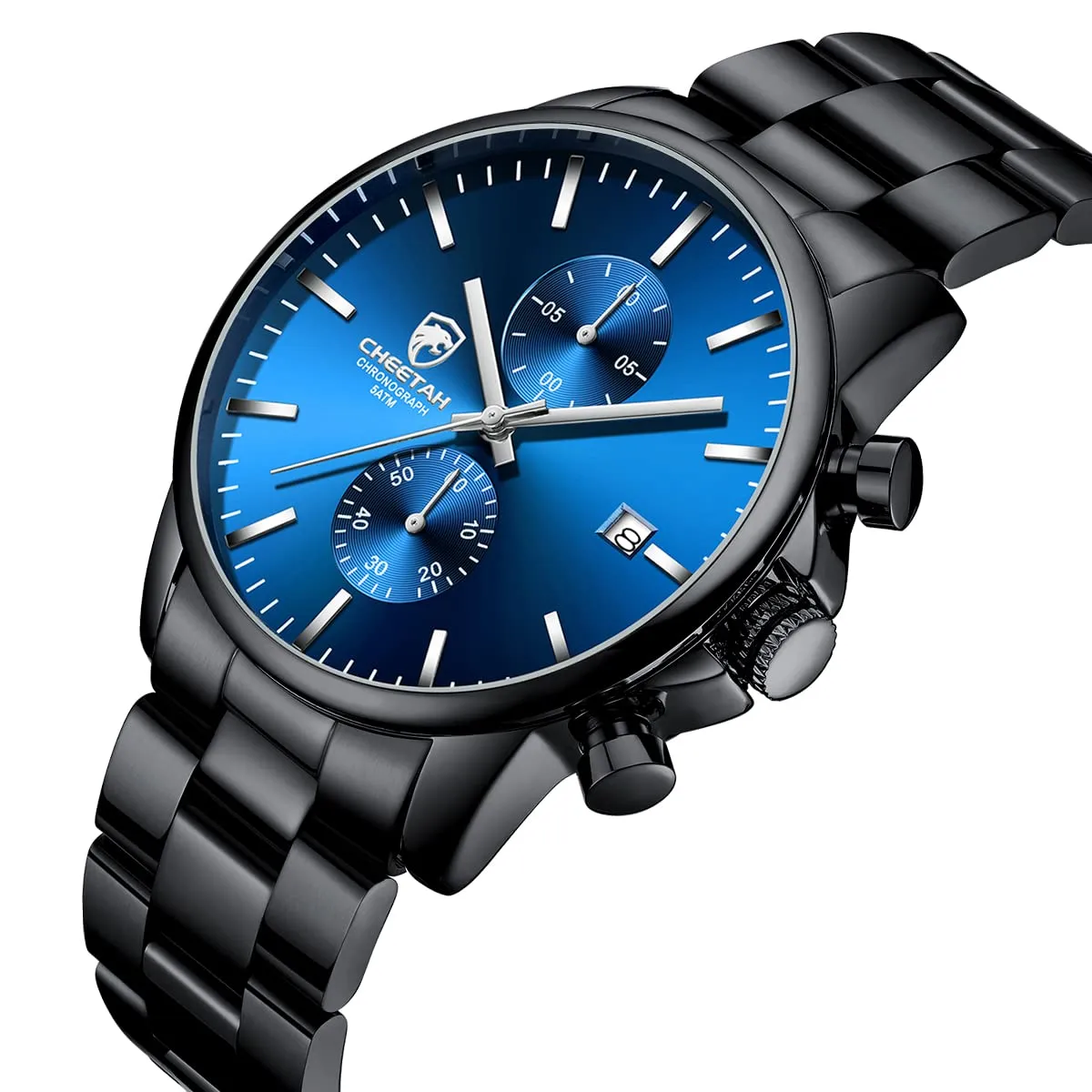 Affute Orologio da uomo con cronografo casual impermeabile orologio al quarzo in acciaio inox e metallo, auto date in lancette colorate, nero blu - immagine 2