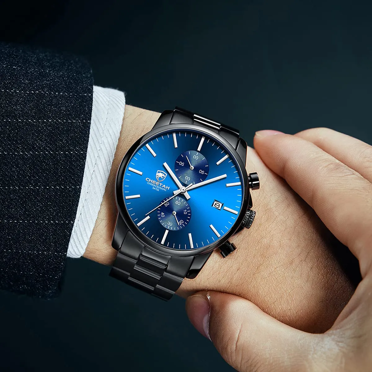 Affute Orologio da uomo con cronografo casual impermeabile orologio al quarzo in acciaio inox e metallo, auto date in lancette colorate, nero blu - immagine 3